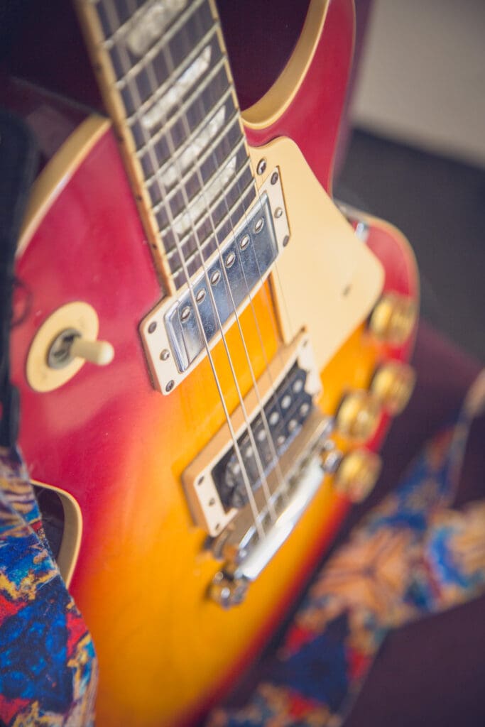 Close-up photo of an electric guitar
